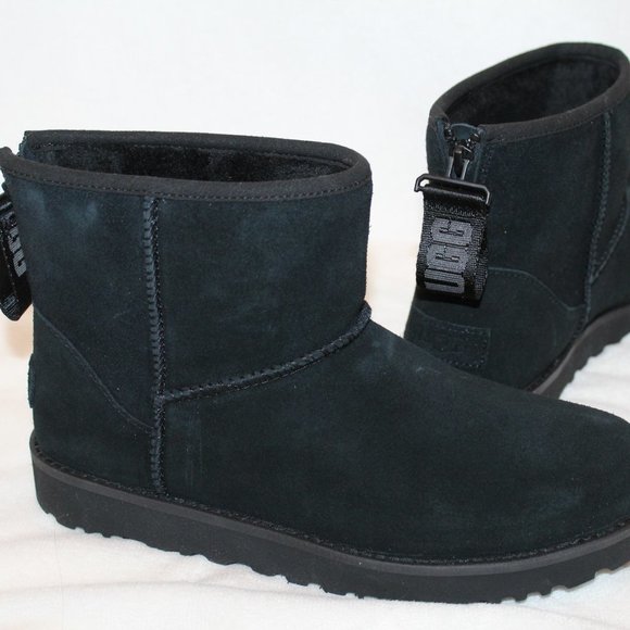 NIB UGG WOMEN'S MINI ZIP LOGO SUEDE‎ SHEARLING BOOTS BLACK - Picture 2 of 11